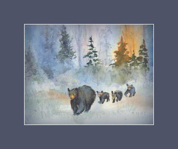 A Mama black bear with three cute baby cubs in tow. A print by Maida Kelley in a blue mat