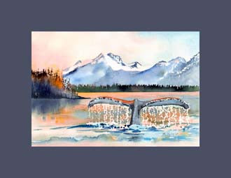 Magnificent diving whale in the glorious Alaska twilight matted in blue