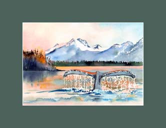 Magnificent diving whale in the glorious Alaska twilight matted in forest green