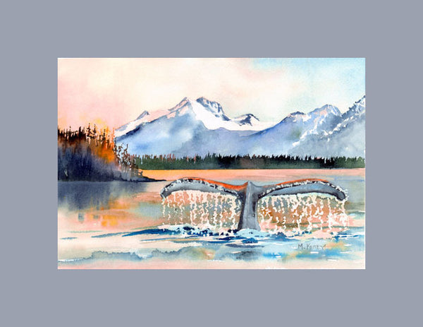 Magnificent diving whale in the glorious Alaska twilight matted in cool gray