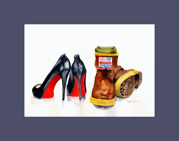 Dancing shoes, a matted print by Maida Kelley showing the flexibility of women in Alaska