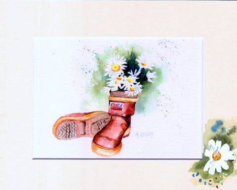 Iconic Alaskan Xtratuf boots used as a vase for daisies. Print by Maida Kelley