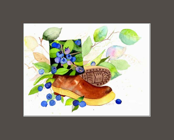 xtratuf boot with berries lining the inside surrounded with salal leaves and fallen blueberries  in a brown mat