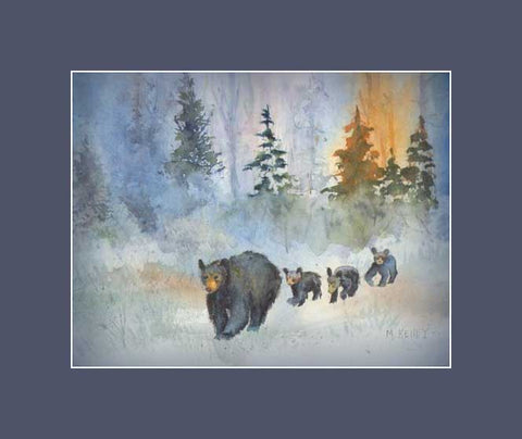 A Mama black bear with three cute baby cubs in tow. A print by Maida Kelley in a blue mat