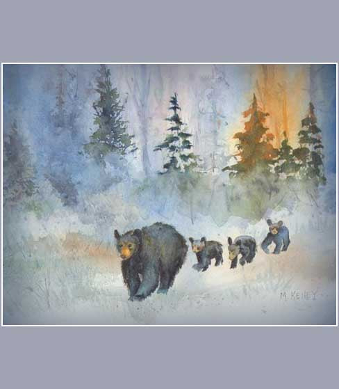 A Mama black bear with three cute baby cubs in tow. A print by Maida Kelley in a gray mat