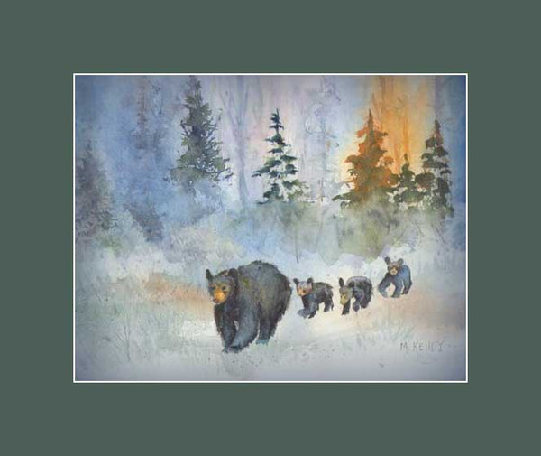 A Mama black bear with three cute baby cubs in tow. A print by Maida Kelley in a green mat