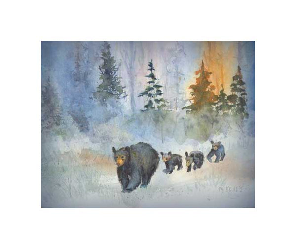 A Mama black bear with three cute baby cubs in tow. A print by Maida Kelley in a white