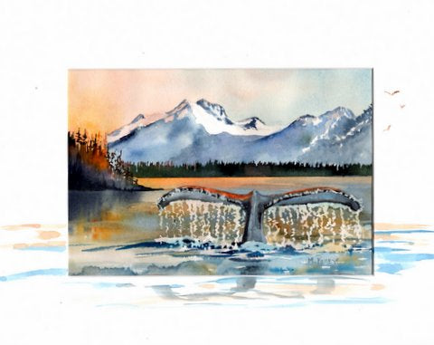 An original watercolor by Maida Kelley Magnificent diving whale in the glorious Alaska twilight matted with a remarque