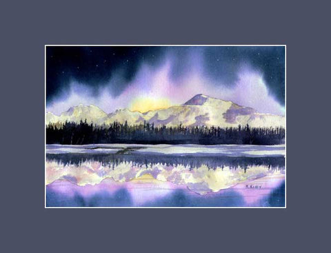 An original watercolor by Maida Kelley showing the northern lights over Denali and mirrored in Wonder Lake.