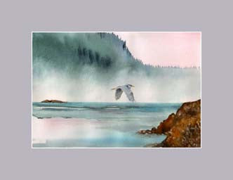 A beautiful original watercolor by Maida Kelley showing an early morning heron leaving a foggy cove