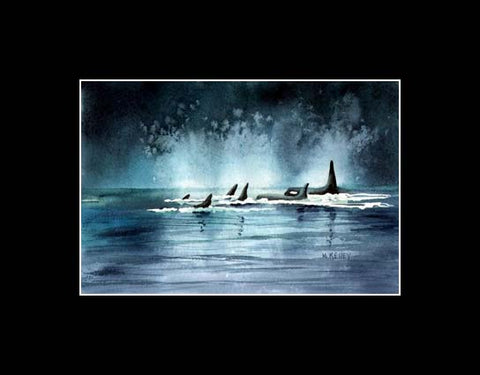 An original watercolor by Maida Kelley showing the winter look of an orca pod