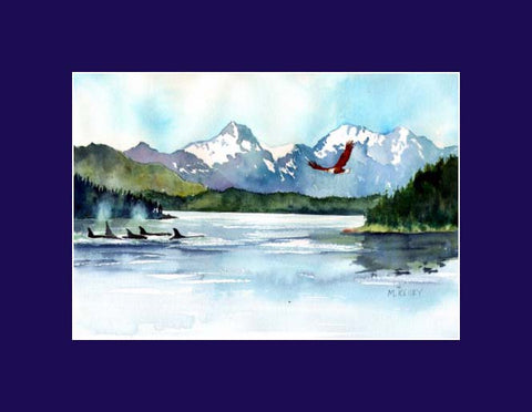 An original watercolor of the area around Ketchikan , by Maida Kelley with the orca and eagles I see all the time