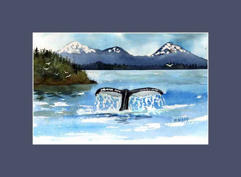 Maida Kelley Original of a lone whale near Ketchikan, shown in a blue mat