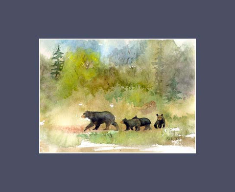 An Original watercolor showing a mother bear with 3 cubs coming out of the bushes. with a blue mat