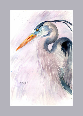 An original watercolor by Maida Kelley of a blue heron that stopped and posed for me