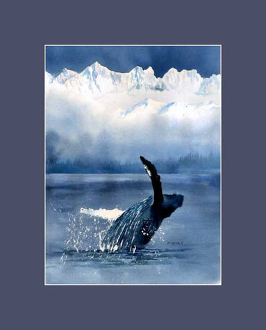 A Print by Maida Kelley showing a humpback whale breaching against breathtakingly beautiful mountains. shown in a dark blue mat