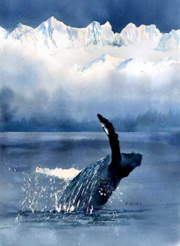 A Print by Maida Kelley showing a humpback whale breaching against breathtakingly beautiful mountains shown in a white mat