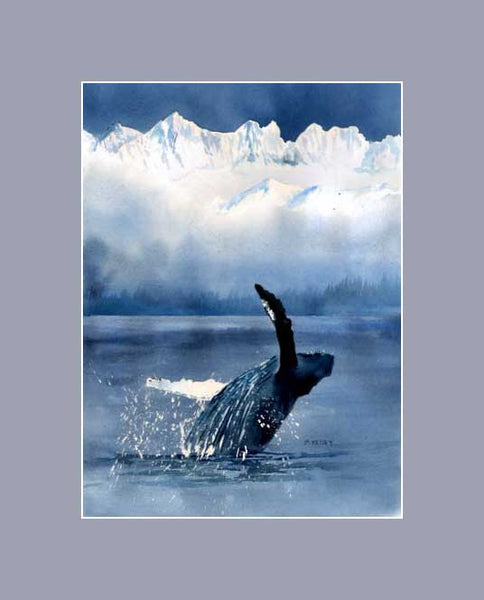 A Print by Maida Kelley showing a humpback whale breaching against breathtakingly beautiful mountains shown in a gray mat