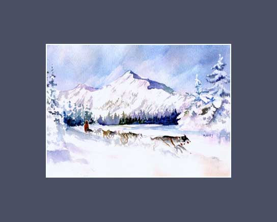 Training Run an art print by Maida Kelley showing the sled dogs and musher racing through the Alaska forest keeping in shape over the winter and spring. Dark Blue Mat