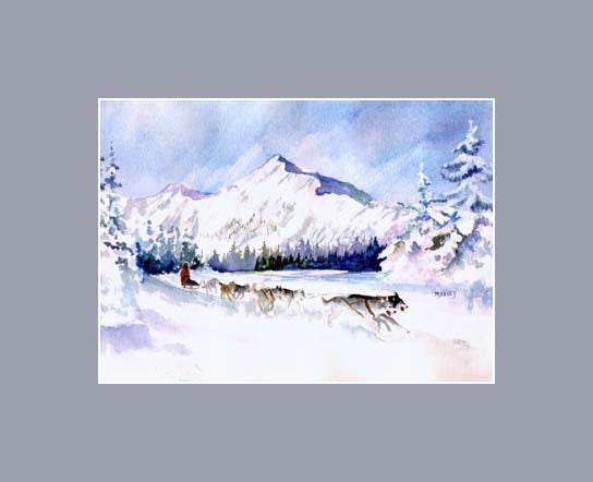 Training Run an art print by Maida Kelley showing the sled dogs and musher racing through the Alaska forest keeping in shape over the winter and spring. Gray Mat