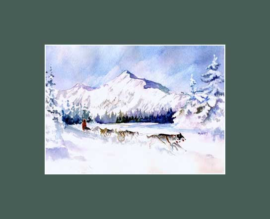 Training Run an art print by Maida Kelley showing the sled dogs and musher racing through the Alaska forest keeping in shape over the winter and spring. Green mat