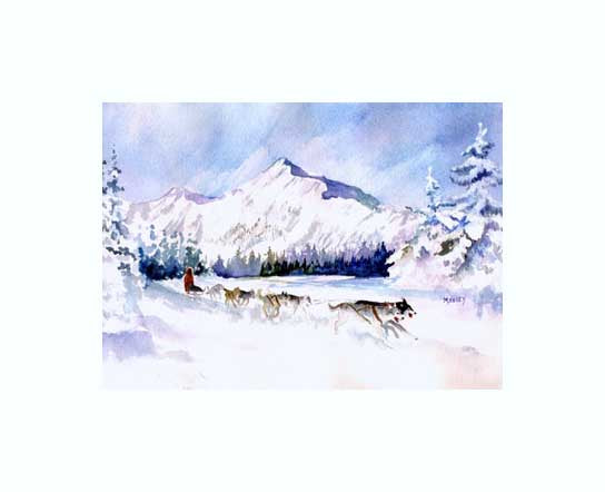 Training Run an art print by Maida Kelley showing the sled dogs and musher racing through the Alaska forest keeping in shape over the winter and spring. Winter White Mat