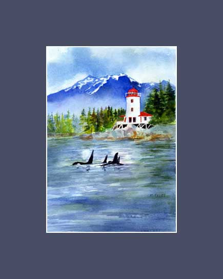 Maida Kelley's print of the Rockwell lighthouse with Orca swimming by. Matted in dark blue