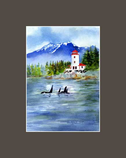 Maida Kelley's print of the Rockwell lighthouse with Orca swimming by. Matted in Dark Brown