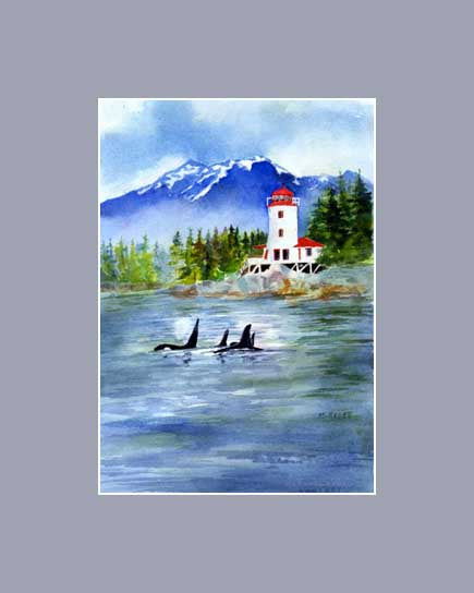 Maida Kelley's print of the Rockwell lighthouse with Orca swimming by. Matted in Gray