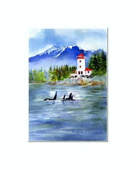 Maida Kelley's print of the Rockwell lighthouse with Orca swimming by. Matted in Winter White