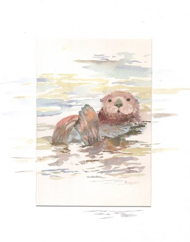 An adorable sea otter swimming in calm sea.  A print by Maida Kelley. Remarqued