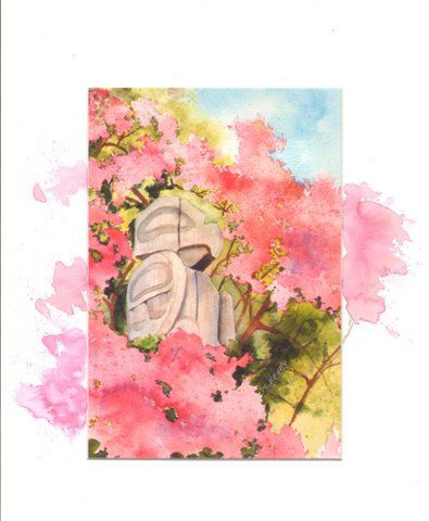 Majestic totem surrounded by red hawthorn blossoms.  A print by Maida Kelley in a remarqued mat