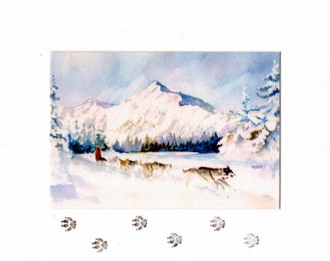 Training Run an art print by Maida Kelley showing the sled dogs and musher racing through the Alaska forest keeping in shape over the winter and spring. Remarqued Mat