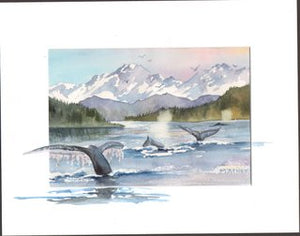 A large whale pod feeding during one of my fishing trips in the summer. Maida Kelley print  remarqued