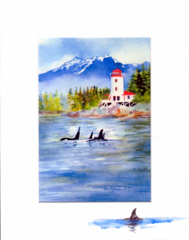 Maida Kelley's print of the Rockwell lighthouse with Orca swimming by. Remarqued