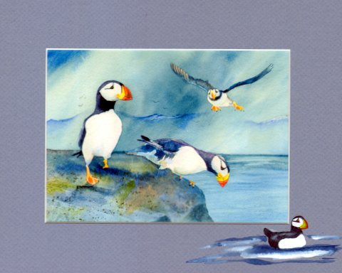 A trio of puffins getting ready to go fishing a print by Maida Kelley in a hand painted mat