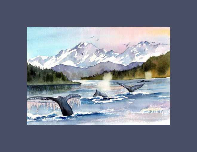 A large whale pod feeding during one of my fishing trips in the summer. Maida Kelley print  blue mat