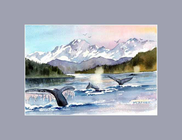 A large whale pod feeding during one of my fishing trips in the summer. Maida Kelley print  gray mat