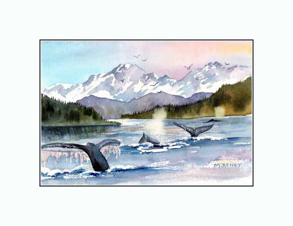A large whale pod feeding during one of my fishing trips in the summer. Maida Kelley print  white mat