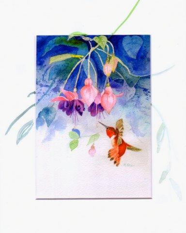 Alaska Rufous Hummingbird with flowers Watercolor print available with hand painted border.
