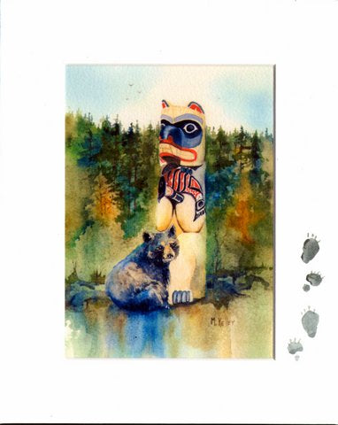 print from hand painted watercolor . Bear with totem, hand painted border available