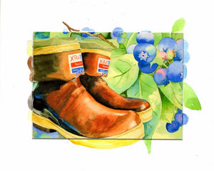Art Print from original watercolor-Maida Kelley Xtratuf boots in Blueberries available with hand painted border