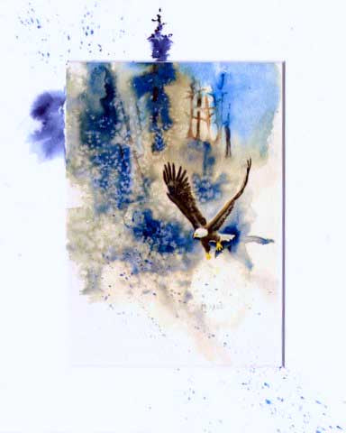 Art print by Maida Kelley a bald eagle is taking the fish he caught home to the nest with painted mat