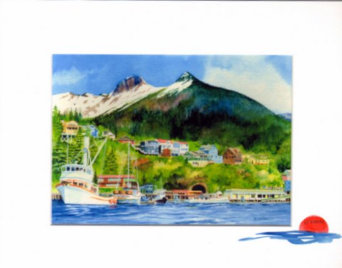 Harbor scene of Ketchikan- Historic New Town. Print available with hand painted mat