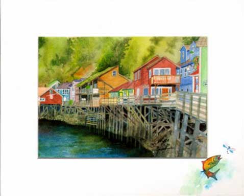 Print of Creek Street, Ketchikan Alaska matted print available with hand painted border.
