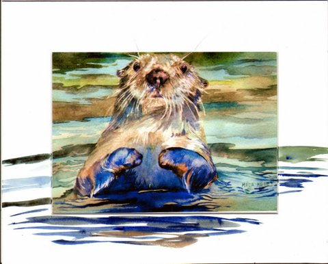 Curious otter, matted art print by Alaskan artist Maida Kelley. Available with hand Painted border