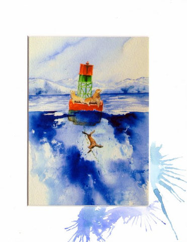 Navigational Buoy print by Maida Kelley. Seals resting and playing in the sun.