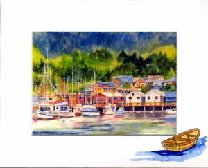 Downtown Harbor a matted print of Thomas Basin in Ketchikan Alaska. Available with hand painting on mat by Maida Kelley