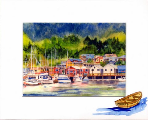 Downtown Harbor a matted print of Thomas Basin in Ketchikan Alaska. Available with hand painting on mat by Maida Kelley