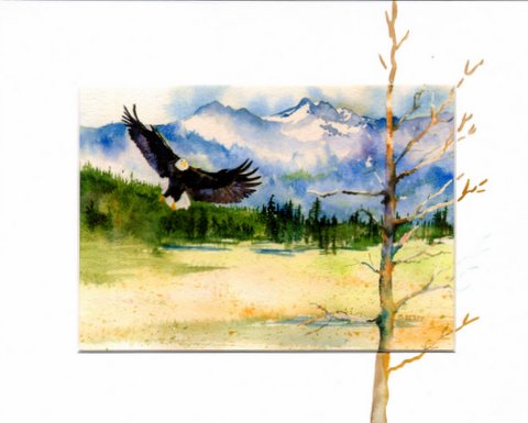 Bald eagle in flight in front of majestic mountains in Alaska print by Maida Kelley
